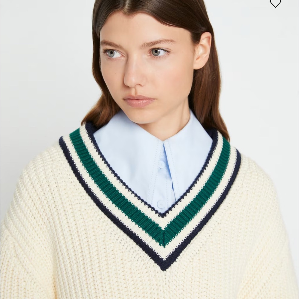 Tory Burch Cream V-Neck Sweater with Green and Navy Blue Detail around V-neck